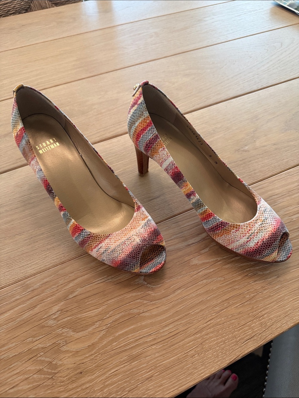 Stuart Weitzman Multicolor Woven Peep-Toe Pumps in Pink, Orange, Cream and Gold